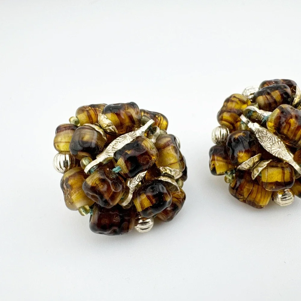Vintage‎ Japan Brown Glass Bead Cluster Clip On Earrings